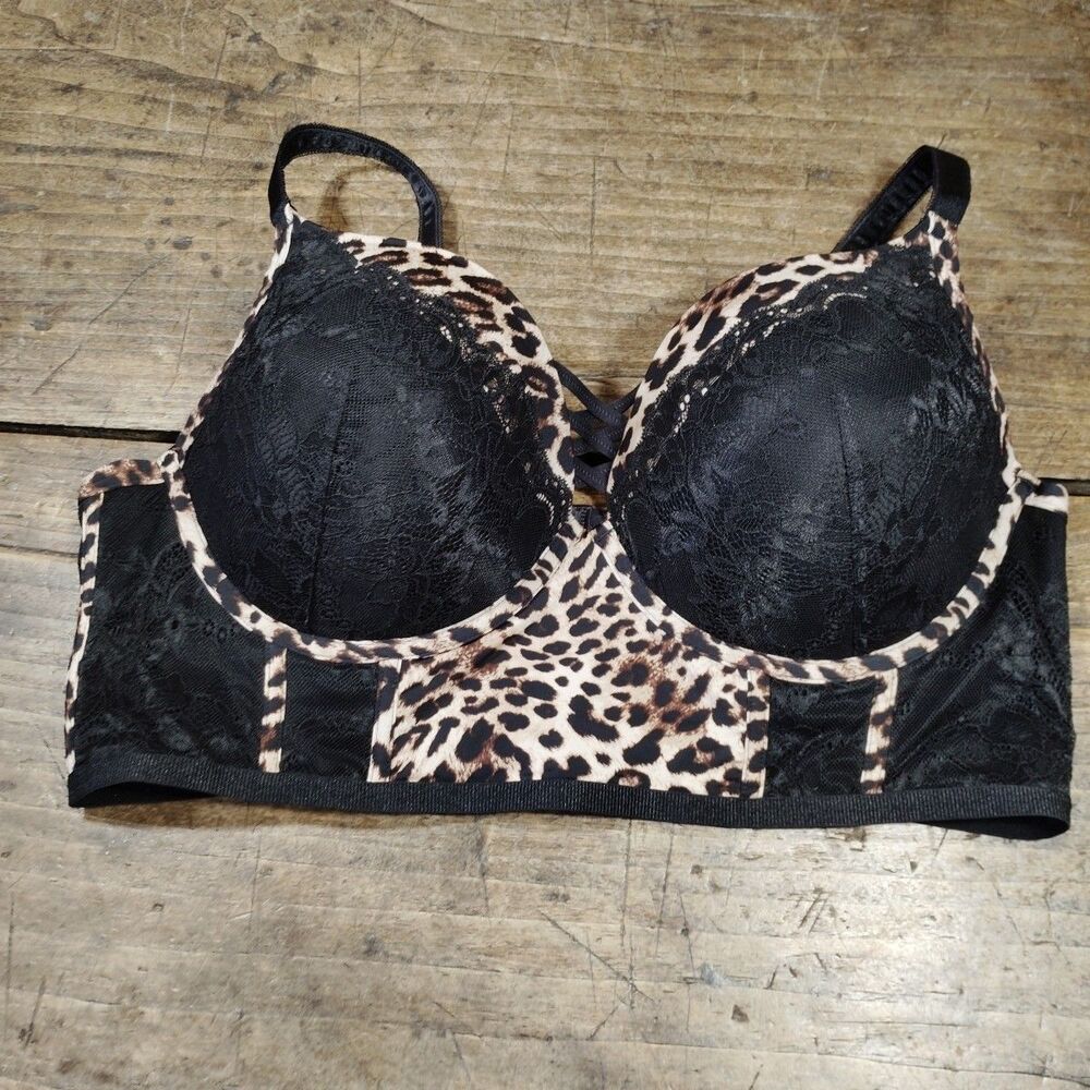 Torrid 42DD Bra Corset Leopard Print & Black Lace Longline Adjustable Straps VGC